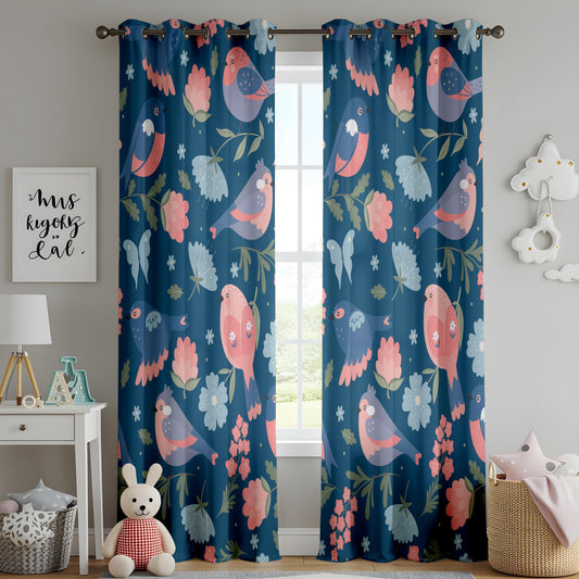Onay Navy Blue Scandi Bird Curtains – Folk Art Floral Drapes