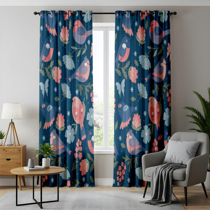 Onay Navy Blue Scandi Bird Curtains – Folk Art Floral Drapes