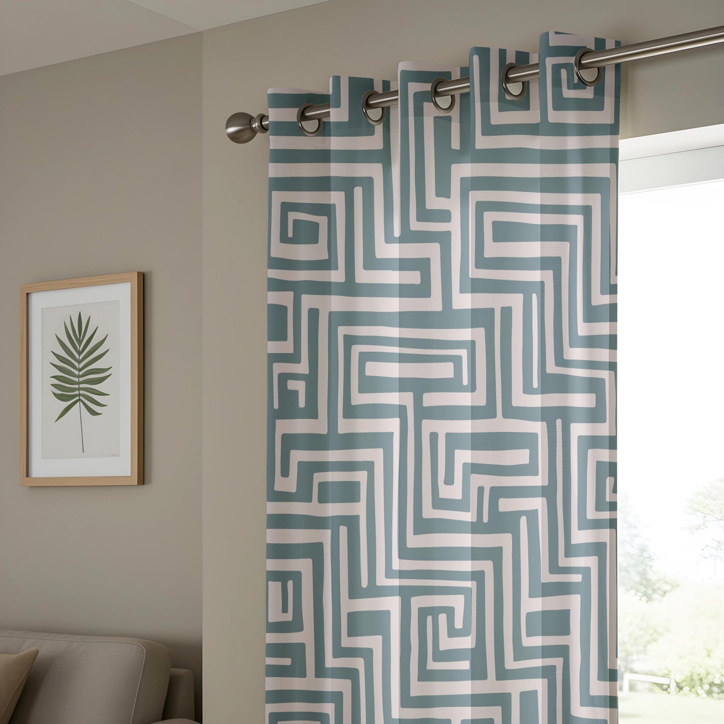 Onay Slate Blue Geometric Curtains – Modern Labyrinth Pattern Drapes