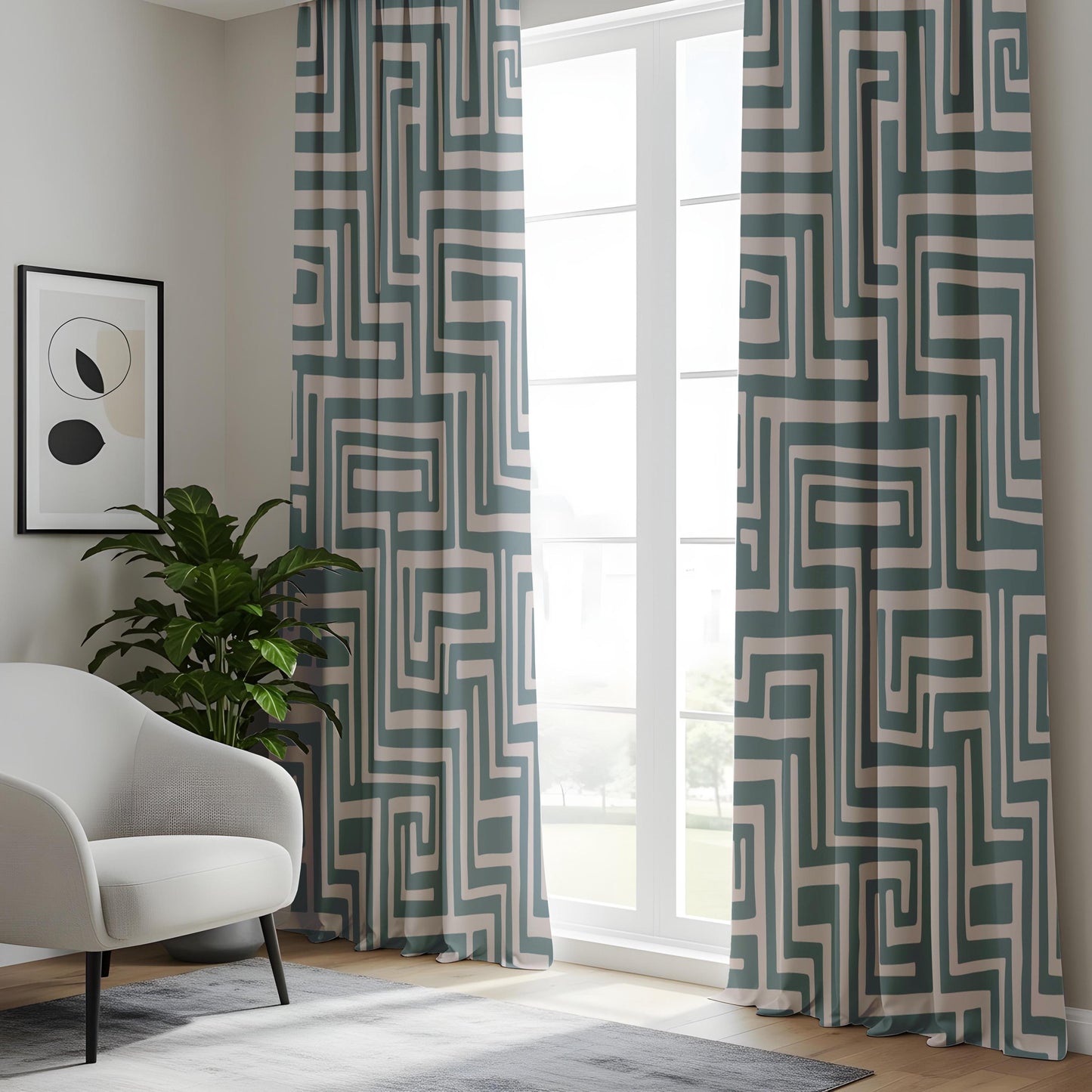 Onay Slate Blue Geometric Curtains – Modern Labyrinth Pattern Drapes
