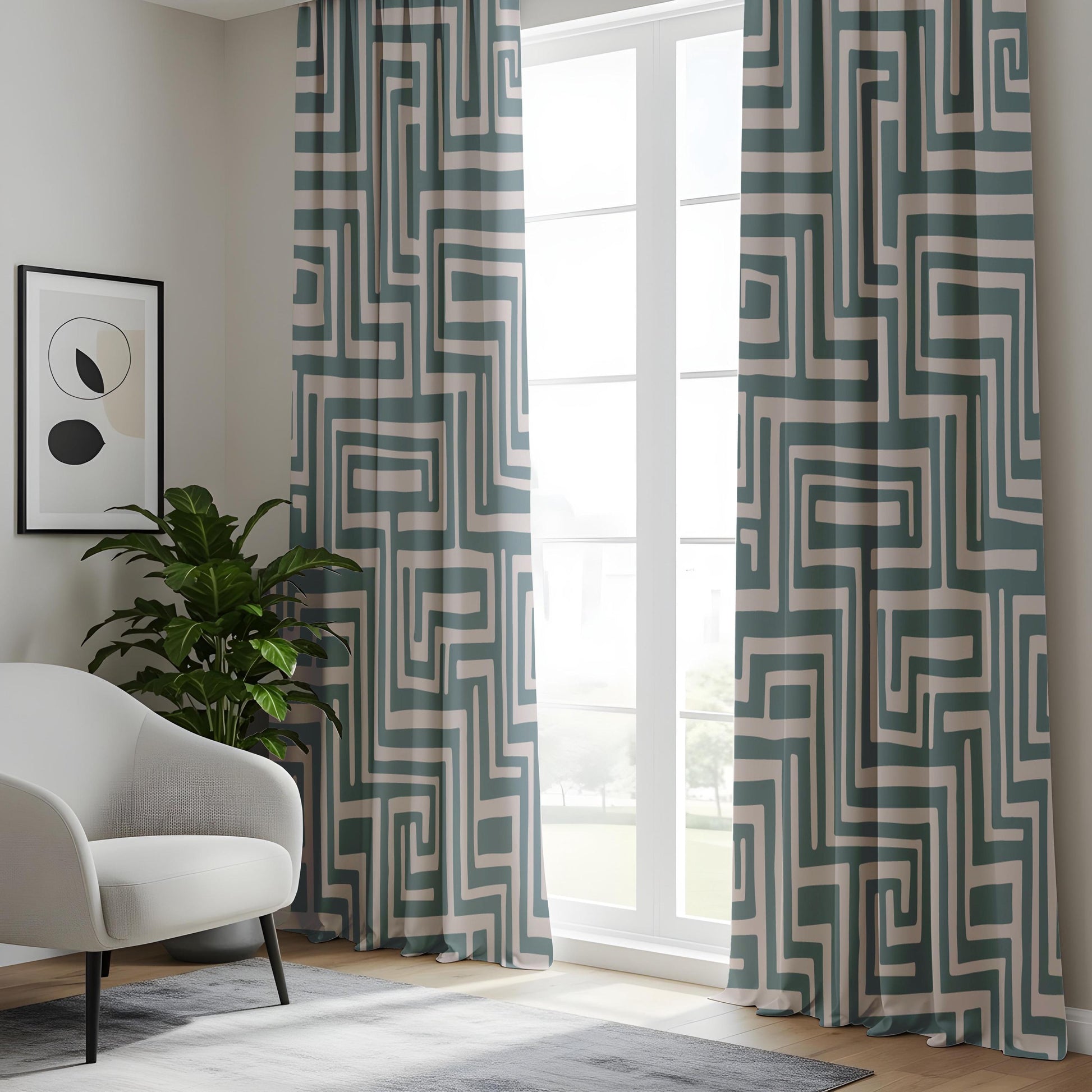 Onay Slate Blue Geometric Curtains – Modern Labyrinth Pattern Drapes
