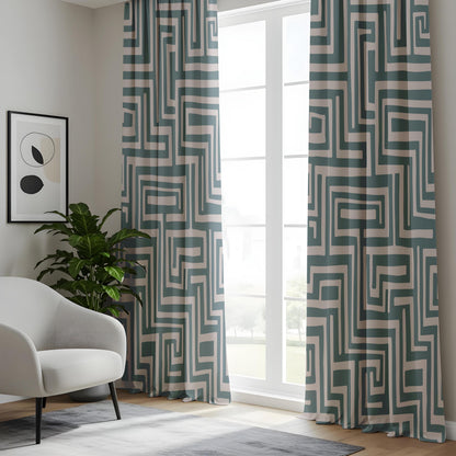 Onay Slate Blue Geometric Curtains – Modern Labyrinth Pattern Drapes