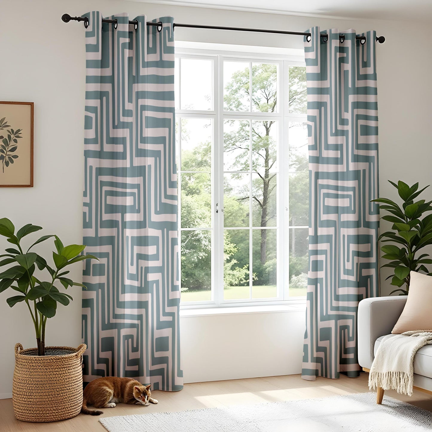 Onay Slate Blue Geometric Curtains – Modern Labyrinth Pattern Drapes