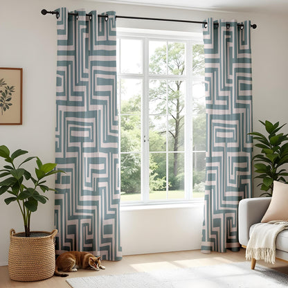 Onay Slate Blue Geometric Curtains – Modern Labyrinth Pattern Drapes