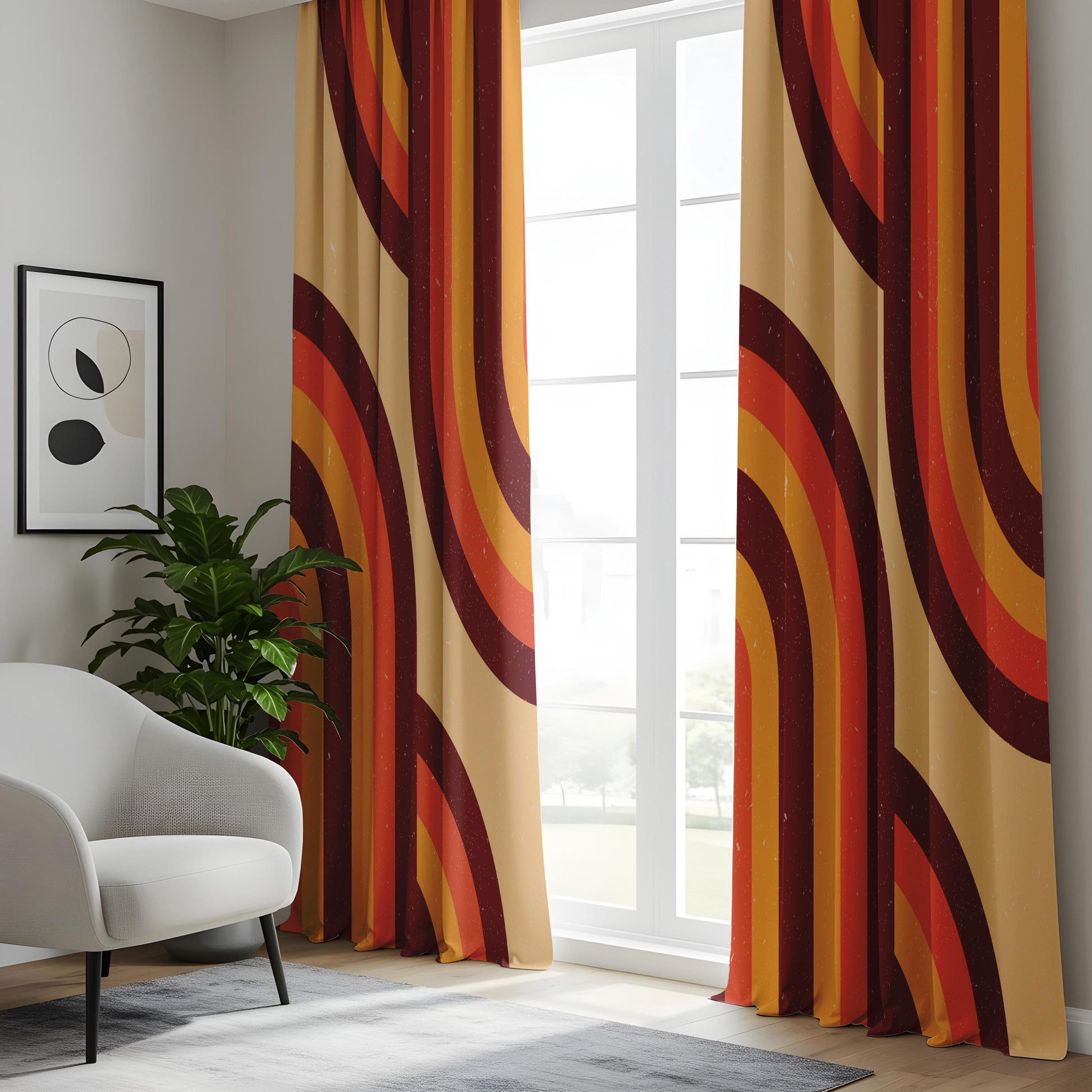 Onay Retro 70s Style Curtains – Burnt Orange & Mustard Wavy Drapes