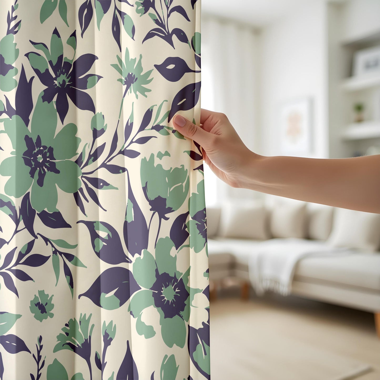 Onay Sage Green and Purple Floral Curtains – Watercolor Botanical Drapes