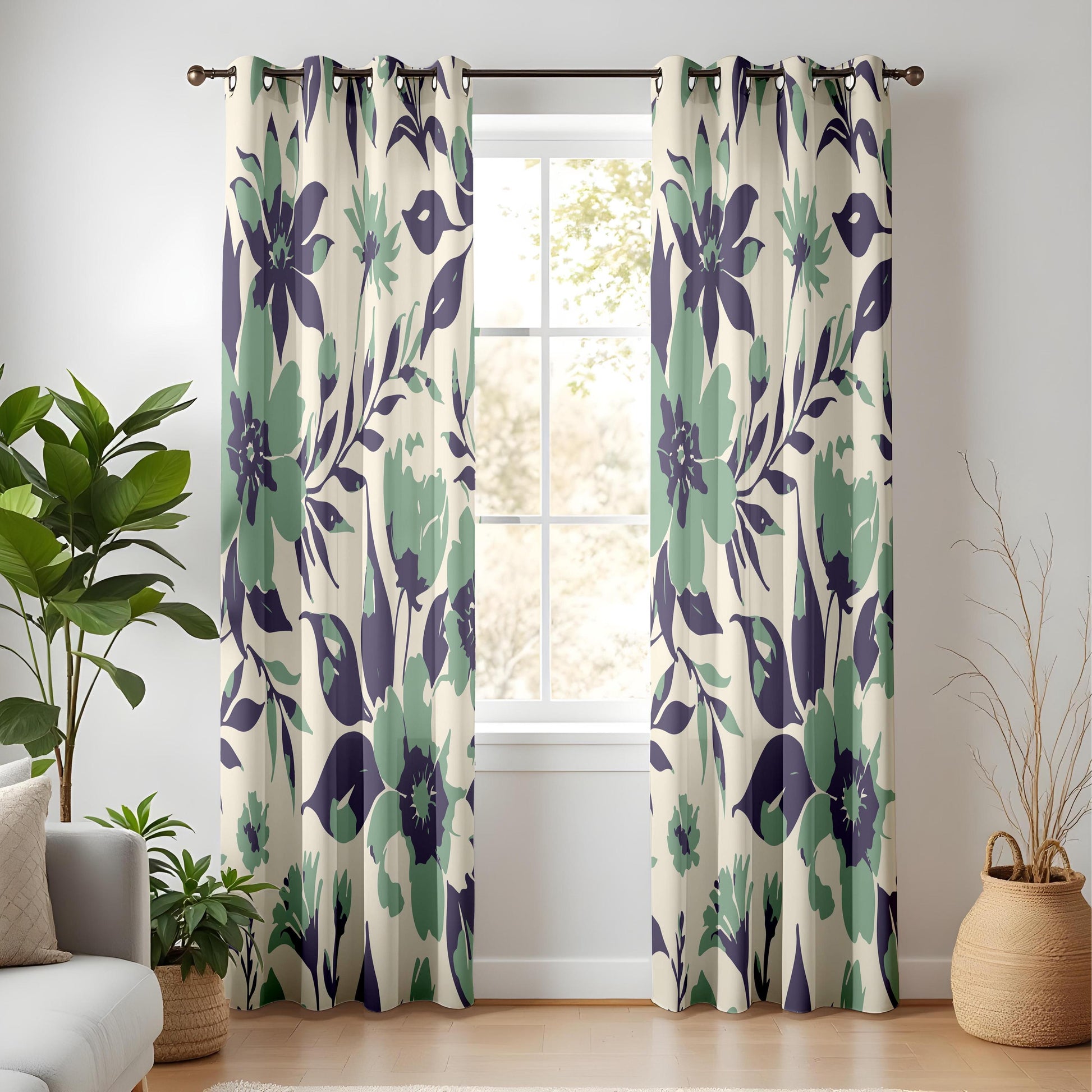 Onay Sage Green and Purple Floral Curtains – Watercolor Botanical Drapes