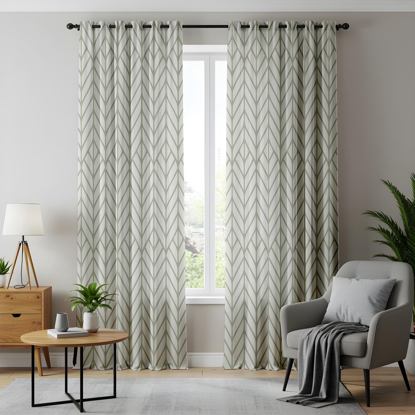 Onay Sage Green Geometric Curtains – Modern Herringbone Pattern Drapes