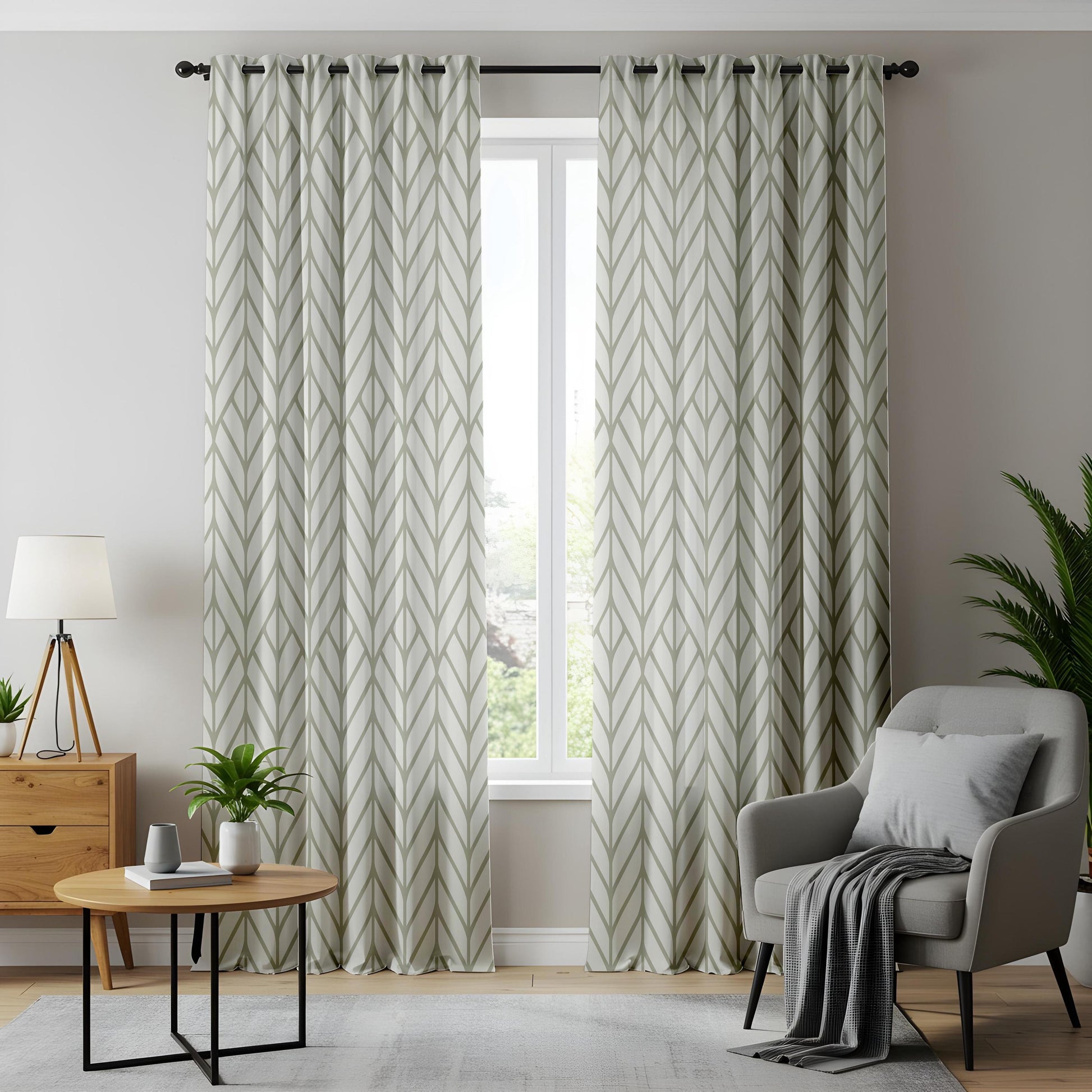 Onay Sage Green Geometric Curtains – Modern Herringbone Pattern Drapes