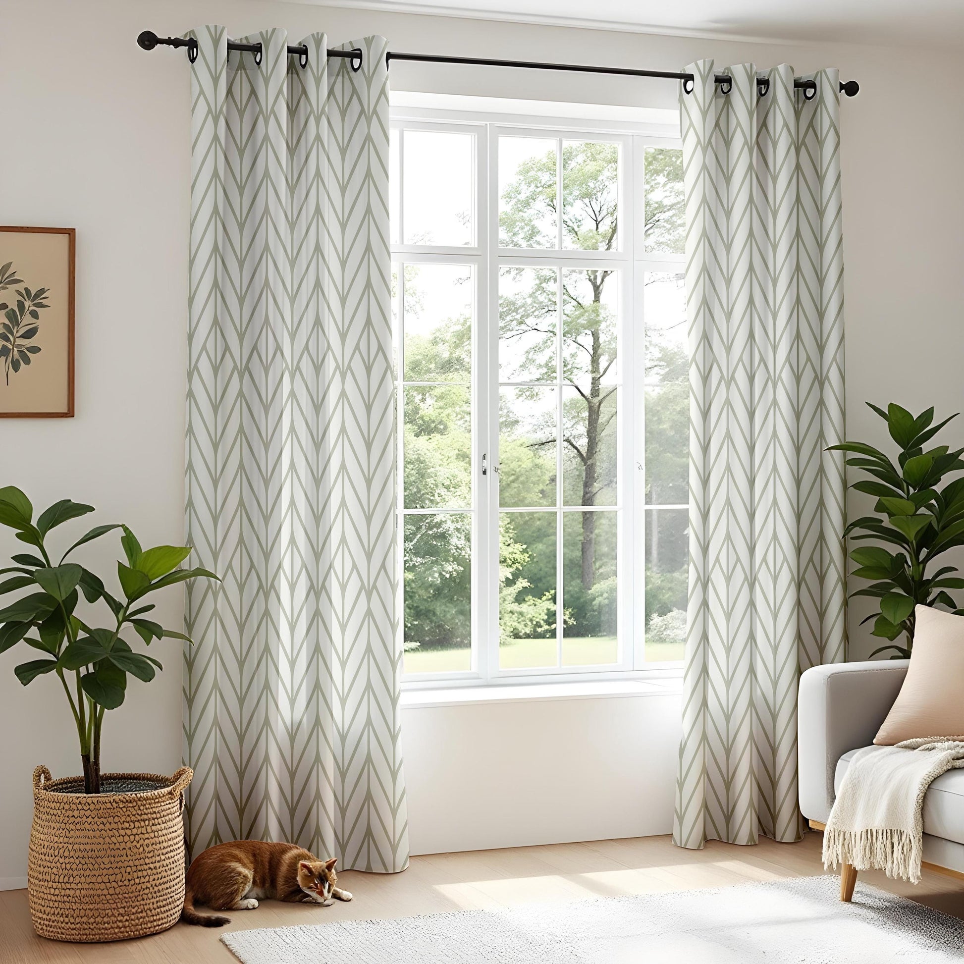 Onay Sage Green Geometric Curtains – Modern Herringbone Pattern Drapes