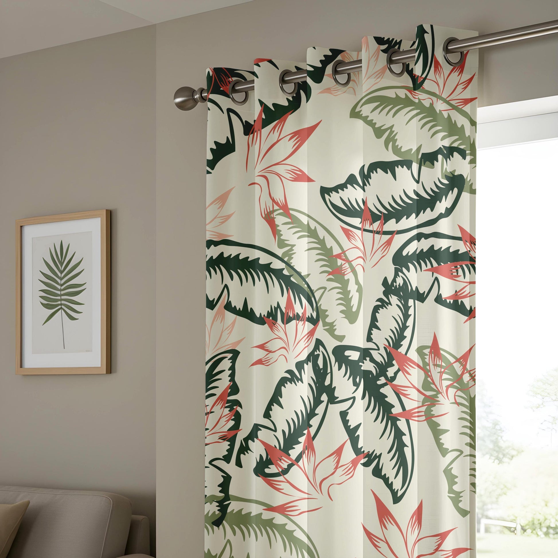 Onay Tropical Palm Leaf Curtains – Green and Coral Botanical Drapes