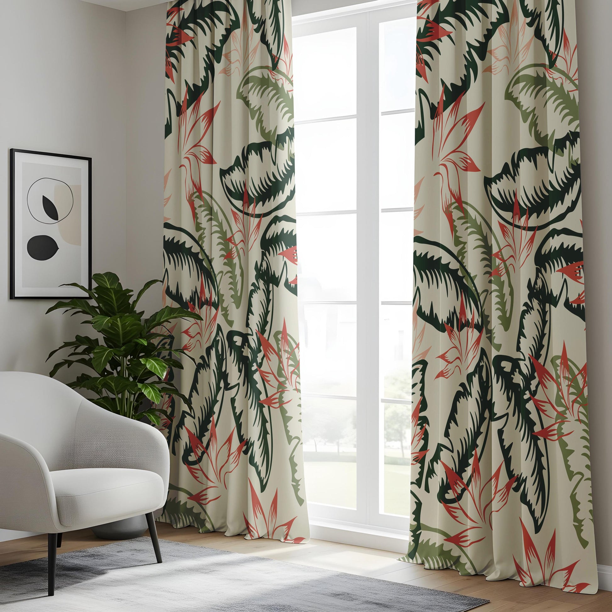 Onay Tropical Palm Leaf Curtains – Green and Coral Botanical Drapes