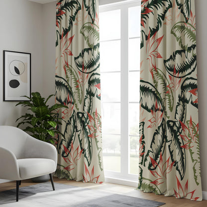 Onay Tropical Palm Leaf Curtains – Green and Coral Botanical Drapes