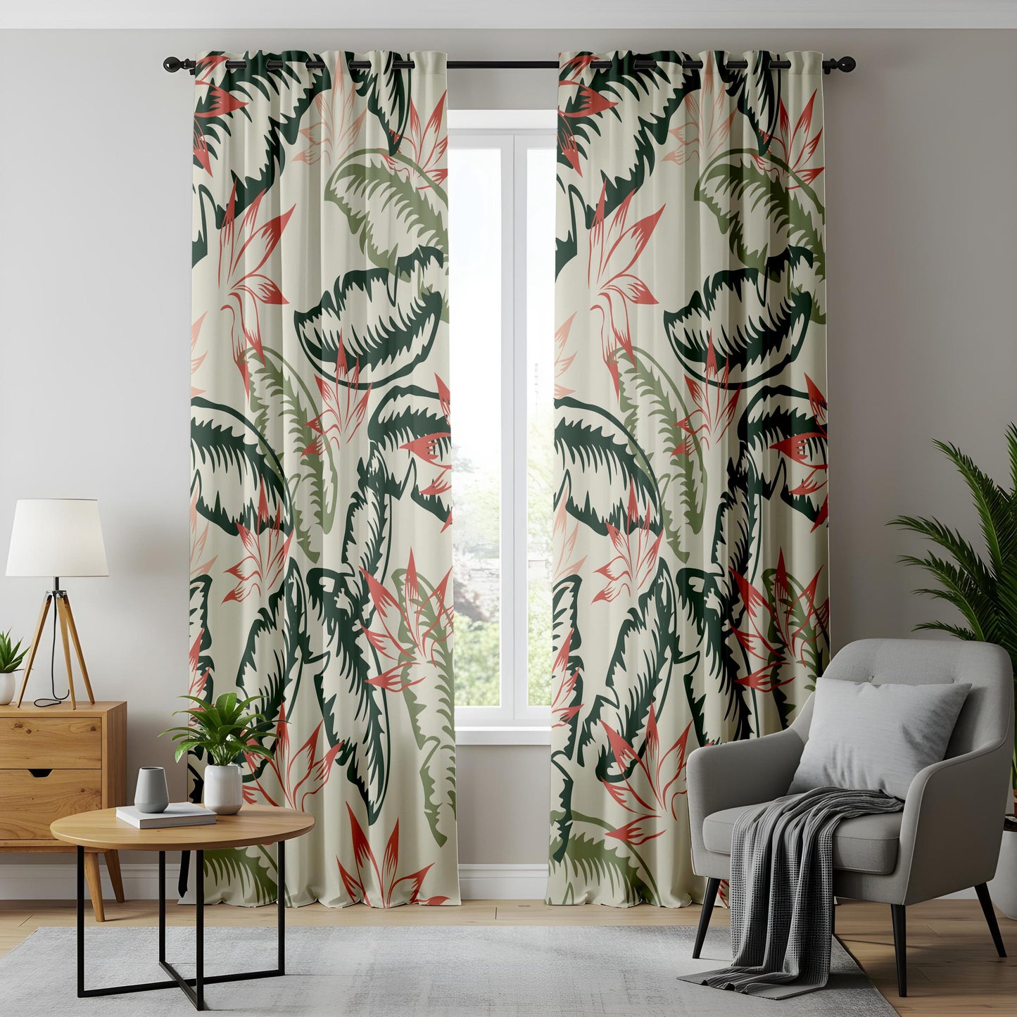 Onay Tropical Palm Leaf Curtains – Green and Coral Botanical Drapes