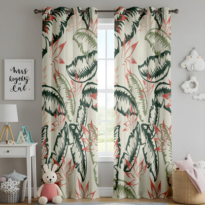 Onay Tropical Palm Leaf Curtains – Green and Coral Botanical Drapes