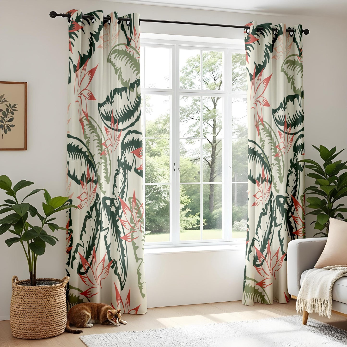 Onay Tropical Palm Leaf Curtains – Green and Coral Botanical Drapes