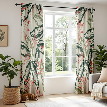 Onay Tropical Palm Leaf Curtains – Green and Coral Botanical Drapes