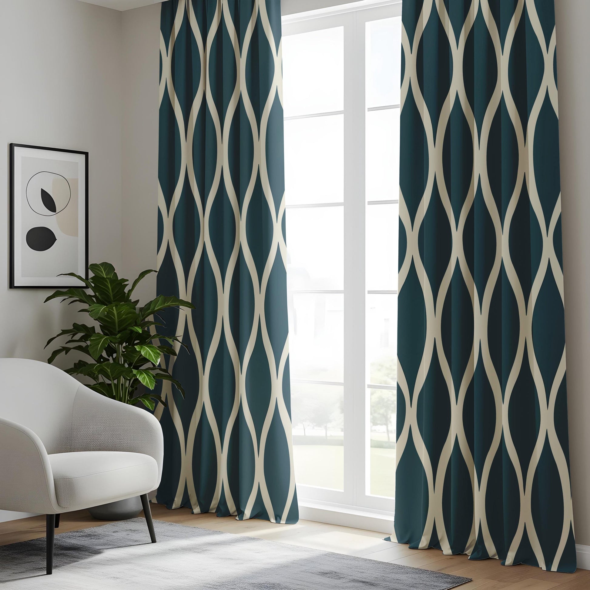 Onay Navy Blue Ogee Curtains – Modern Geometric Trellis Drapes