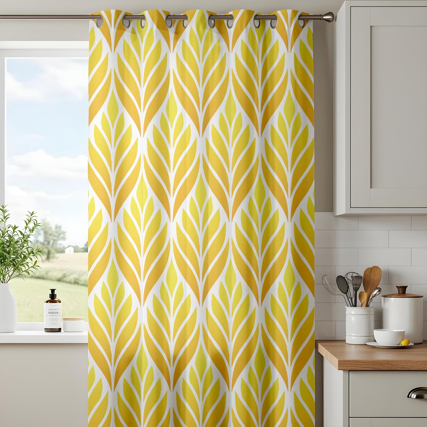 Onay Mustard Yellow Geometric Leaf Curtains – Bright Living Room