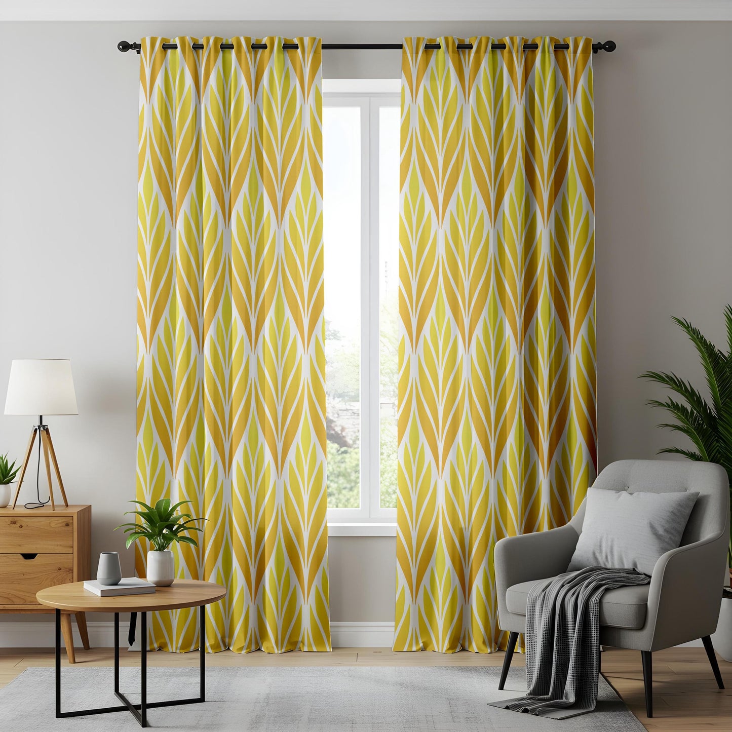 Onay Mustard Yellow Geometric Leaf Curtains – Bright Living Room