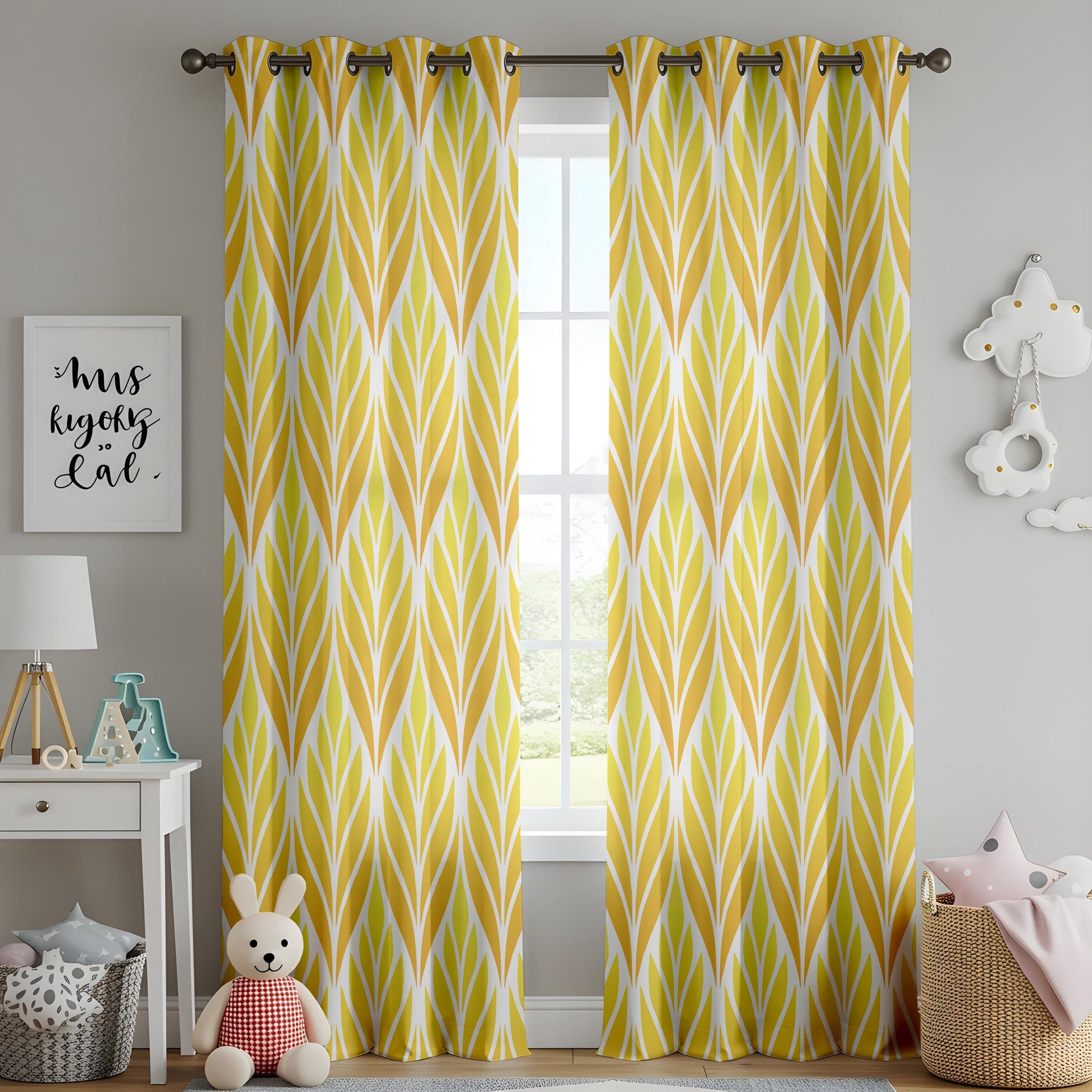 Onay Mustard Yellow Geometric Leaf Curtains – Bright Living Room
