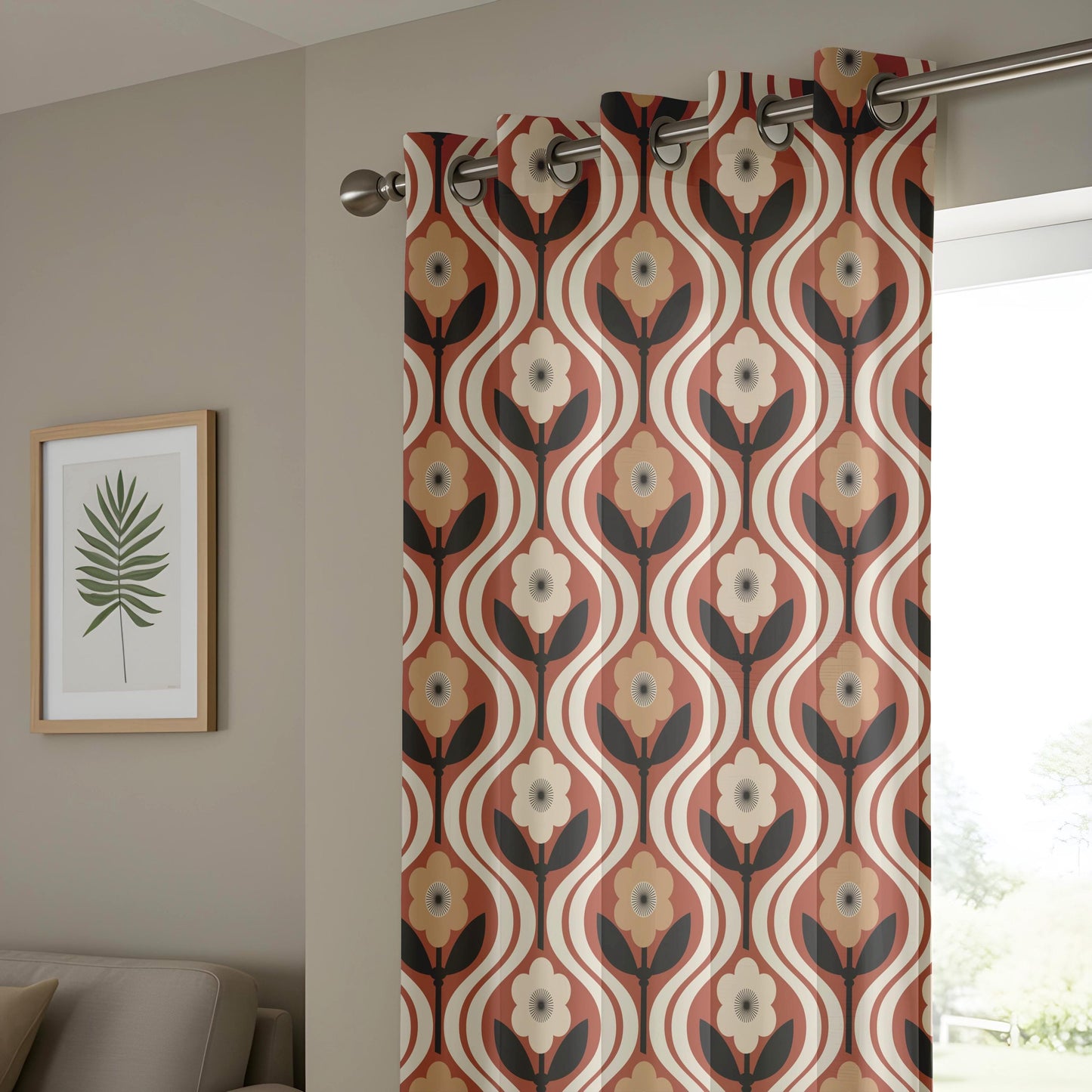 Onay Retro 70s Floral Curtains – Rust Orange Ogee Drapes