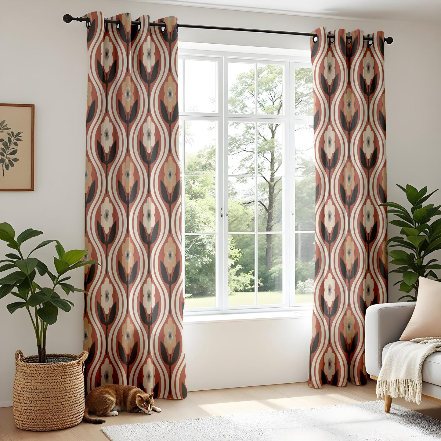 Onay Retro 70s Floral Curtains – Rust Orange Ogee Drapes