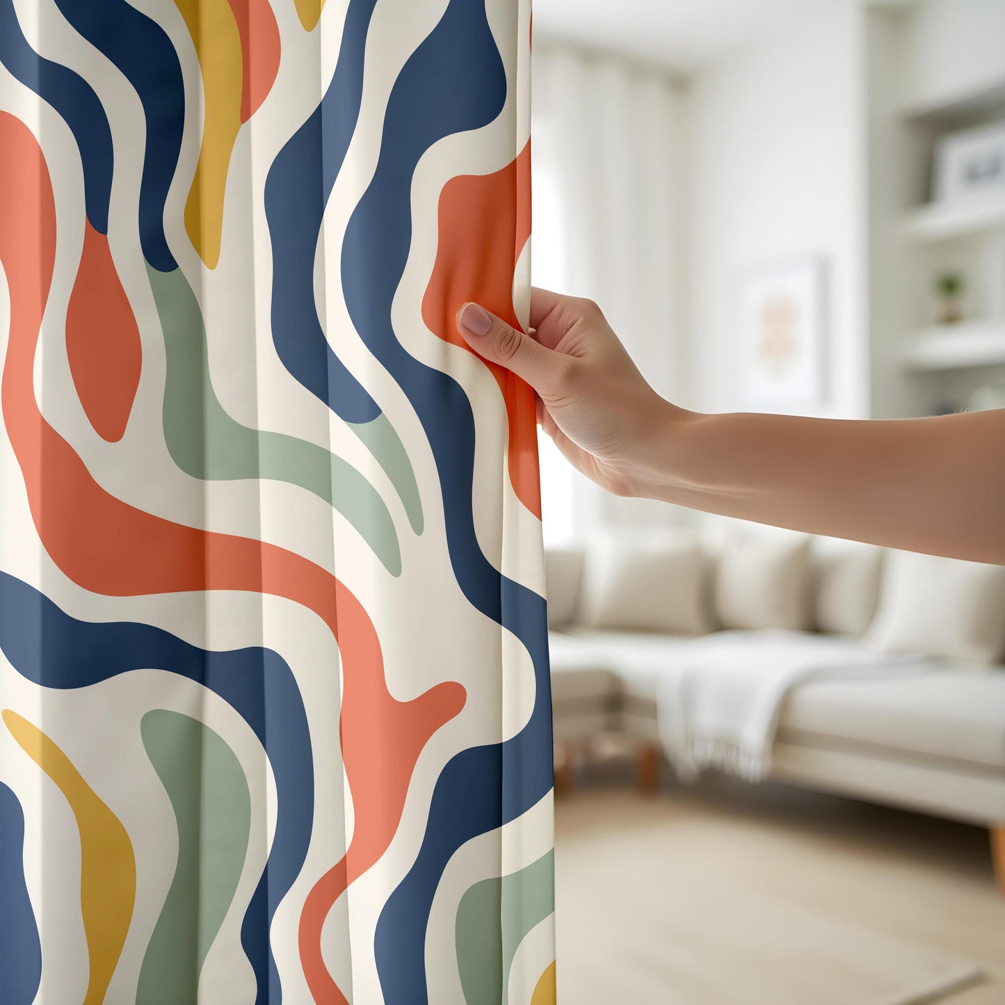 Onay Colorful Abstract Wavy Curtains – Modern Navy Rust Mint Drapes