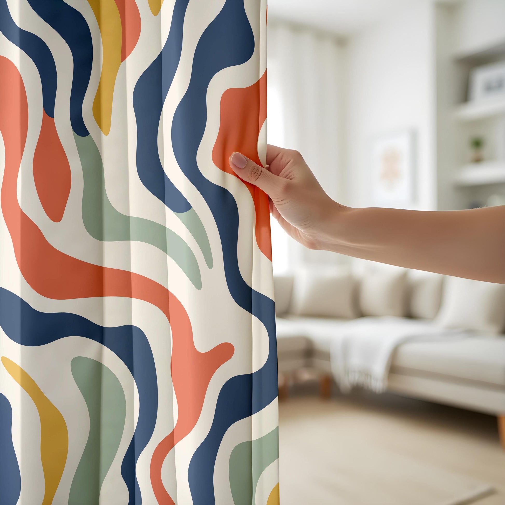 Onay Colorful Abstract Wavy Curtains – Modern Navy Rust Mint Drapes