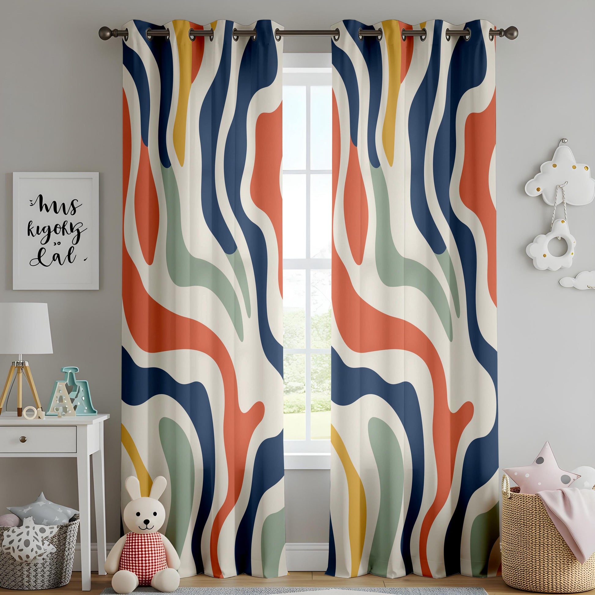 Onay Colorful Abstract Wavy Curtains – Modern Navy Rust Mint Drapes