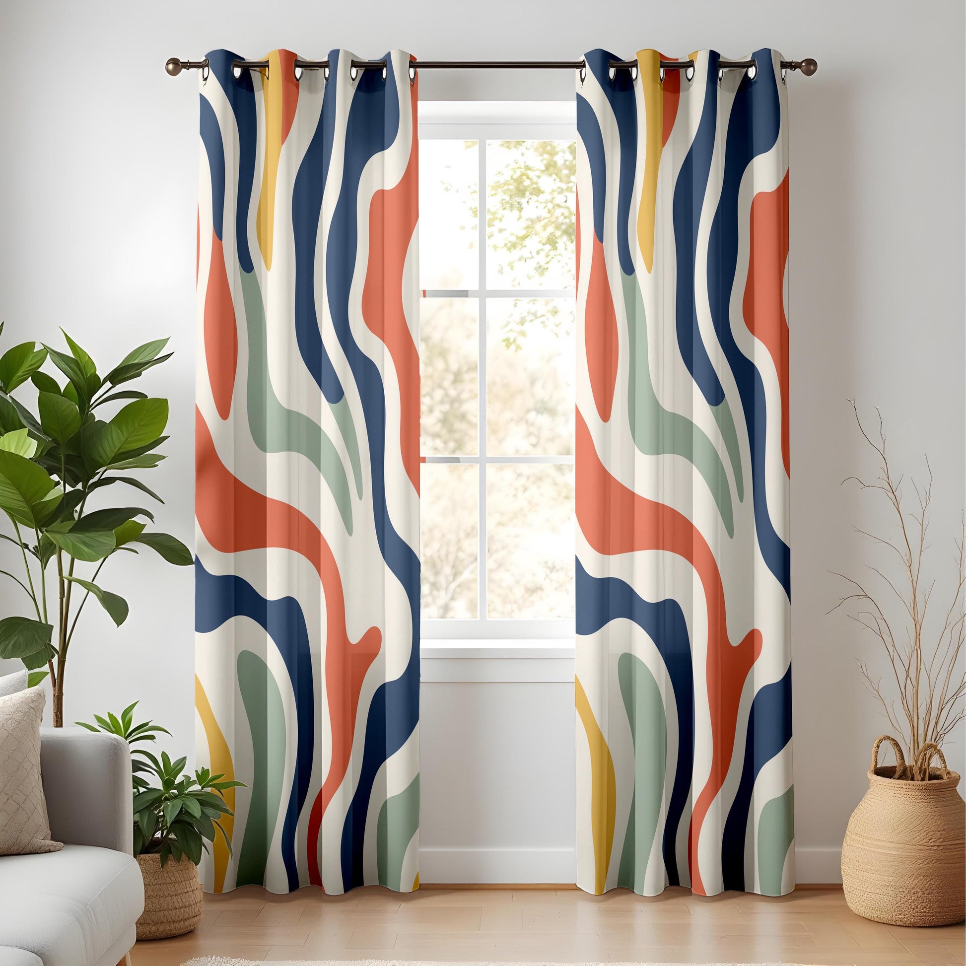 Onay Colorful Abstract Wavy Curtains – Modern Navy Rust Mint Drapes