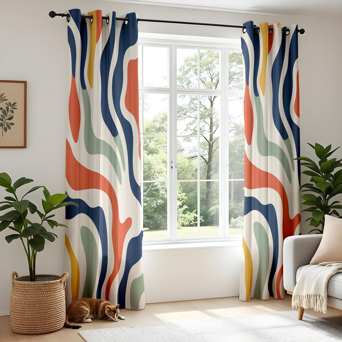 Onay Colorful Abstract Wavy Curtains – Modern Navy Rust Mint Drapes