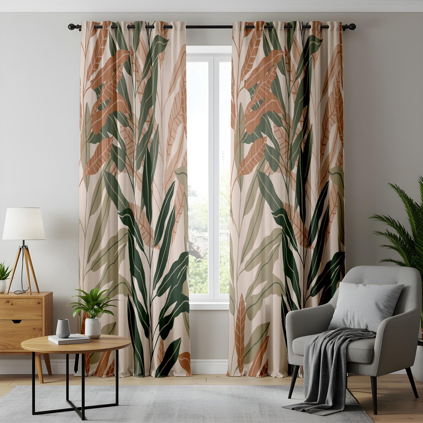 Onay Terracotta Sage Green Leaf Curtains – Modern Boho Botanical Drapes