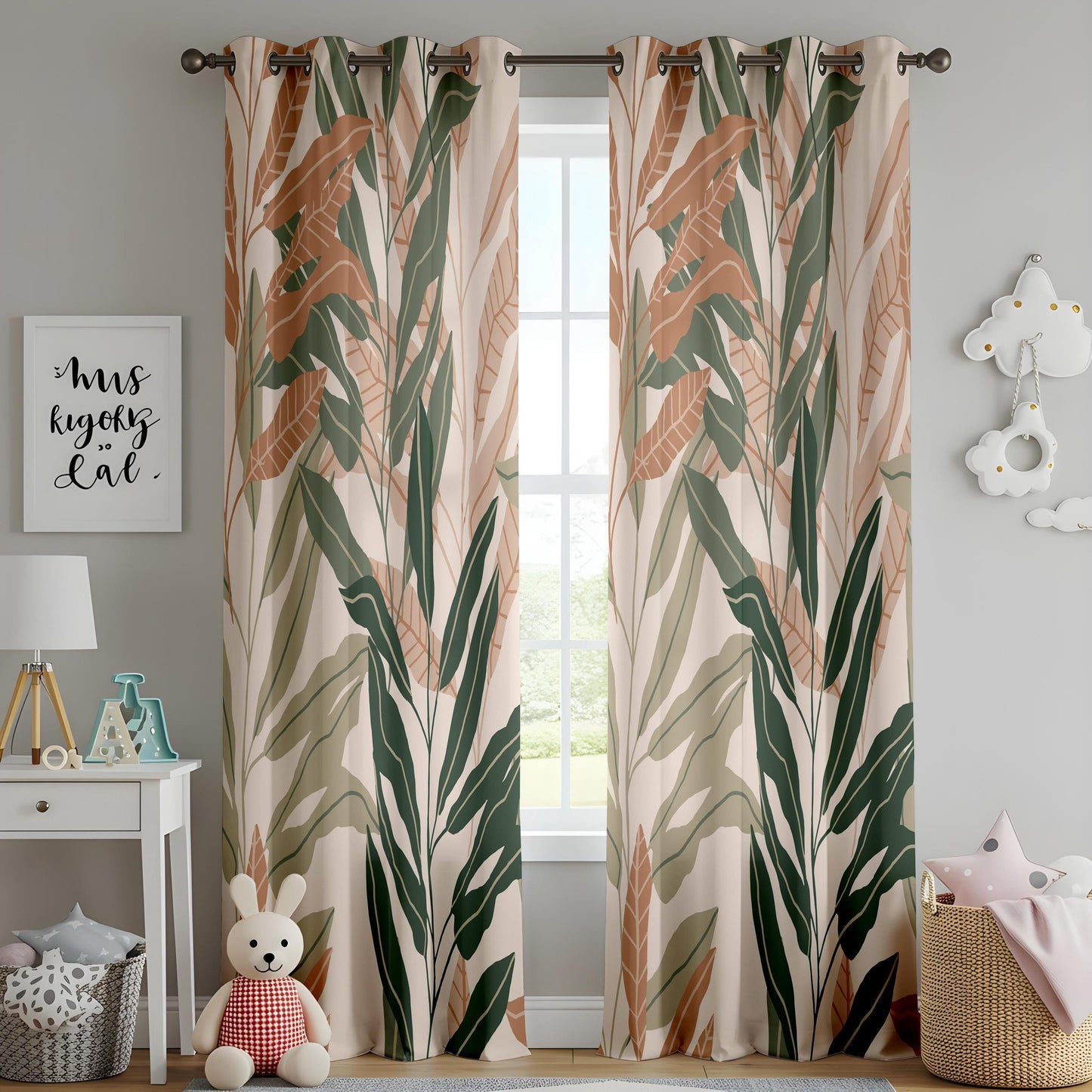 Onay Terracotta Sage Green Leaf Curtains – Modern Boho Botanical Drapes
