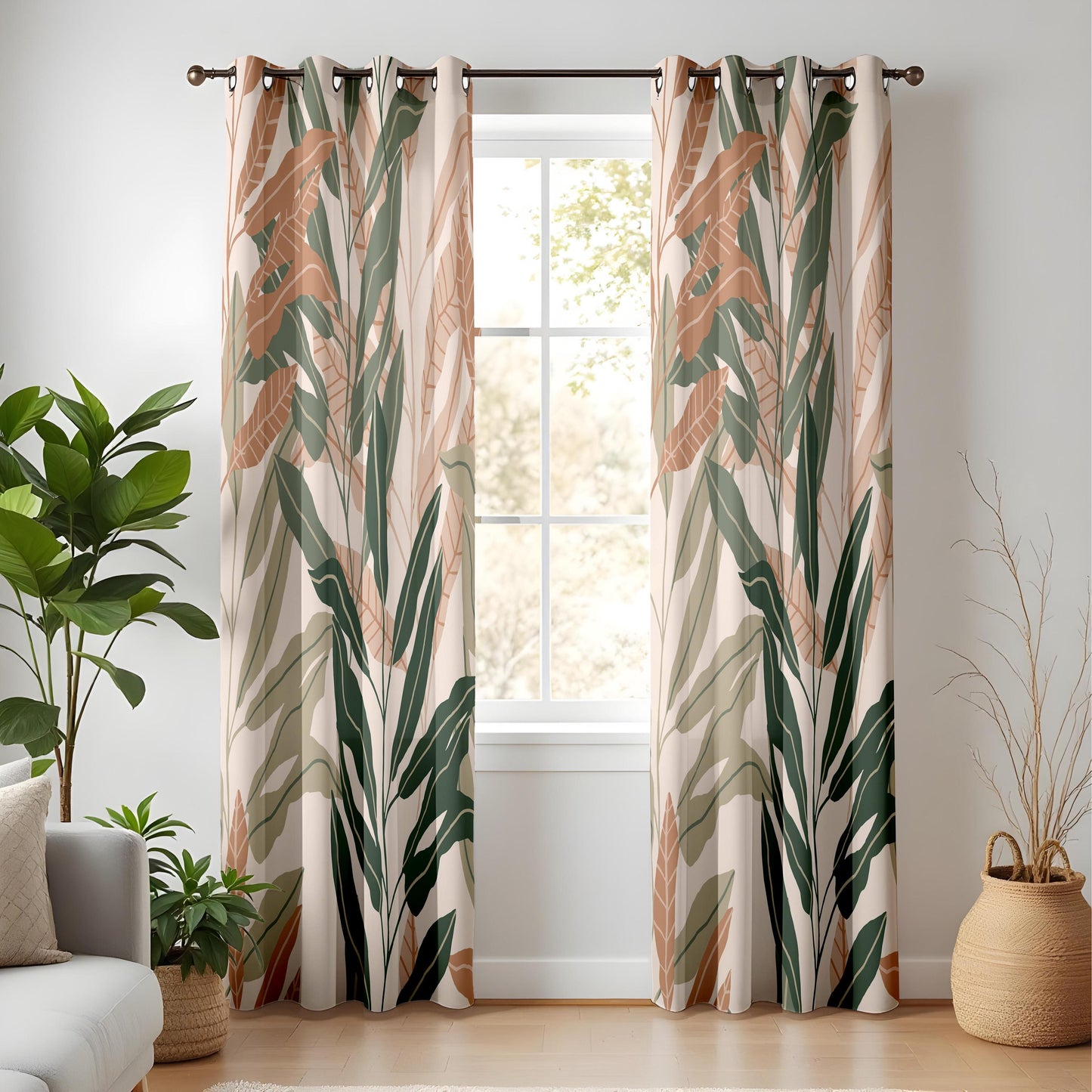 Onay Terracotta Sage Green Leaf Curtains – Modern Boho Botanical Drapes
