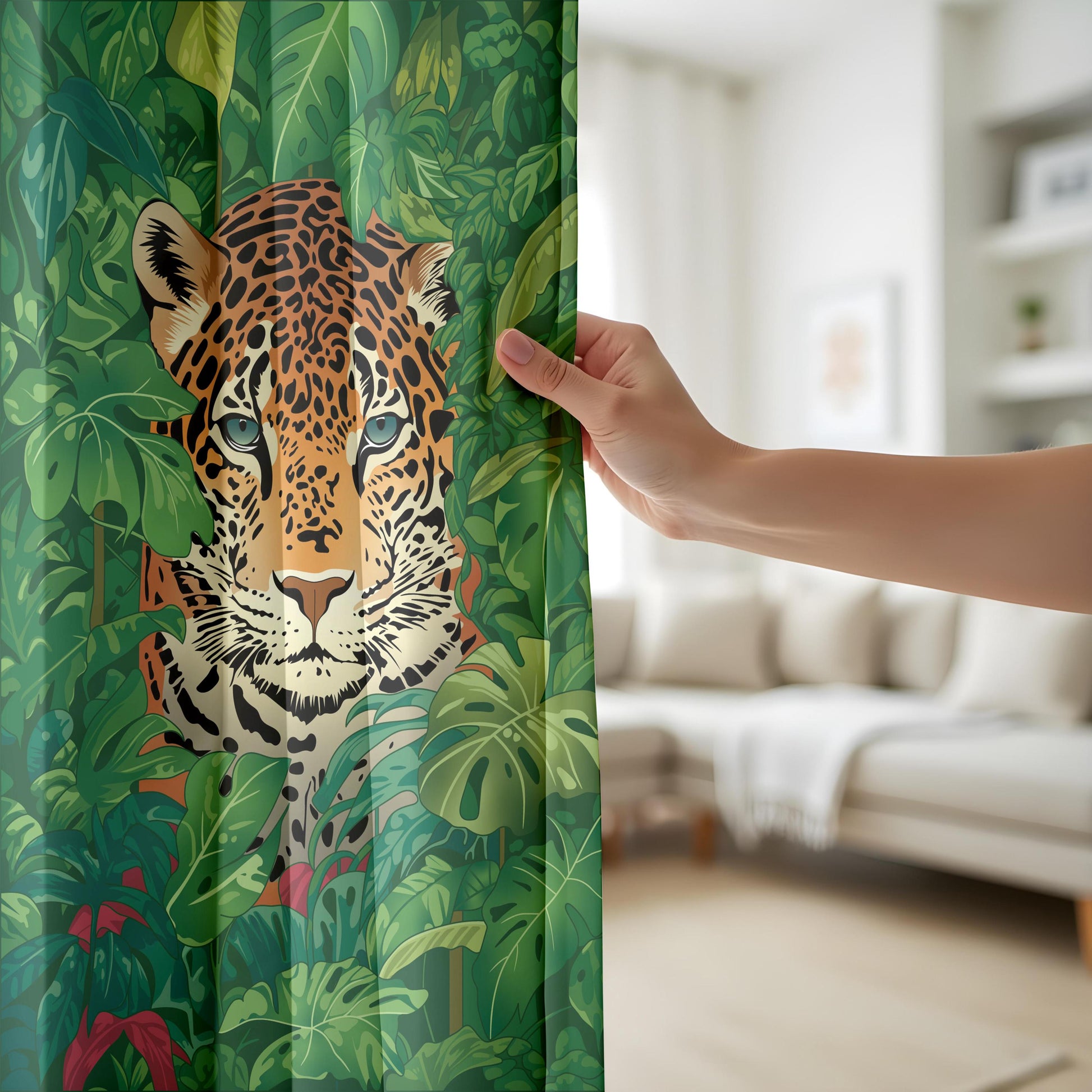 Onay Jungle Leopard Face Curtains – Green Tropical Safari Drapes