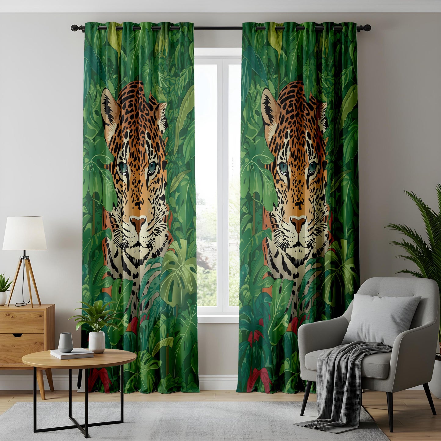 Onay Jungle Leopard Face Curtains – Green Tropical Safari Drapes