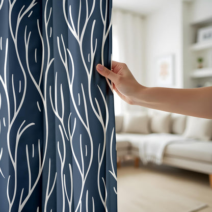Onay Navy Blue Abstract Branch Curtains – Modern White Line Art Drapes