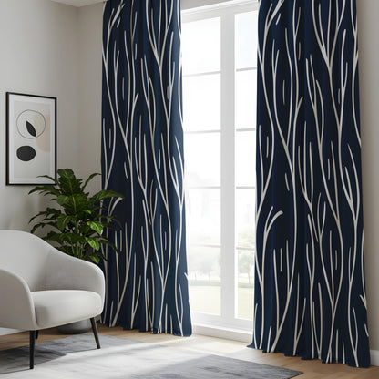 Onay Navy Blue Abstract Branch Curtains – Modern White Line Art Drapes