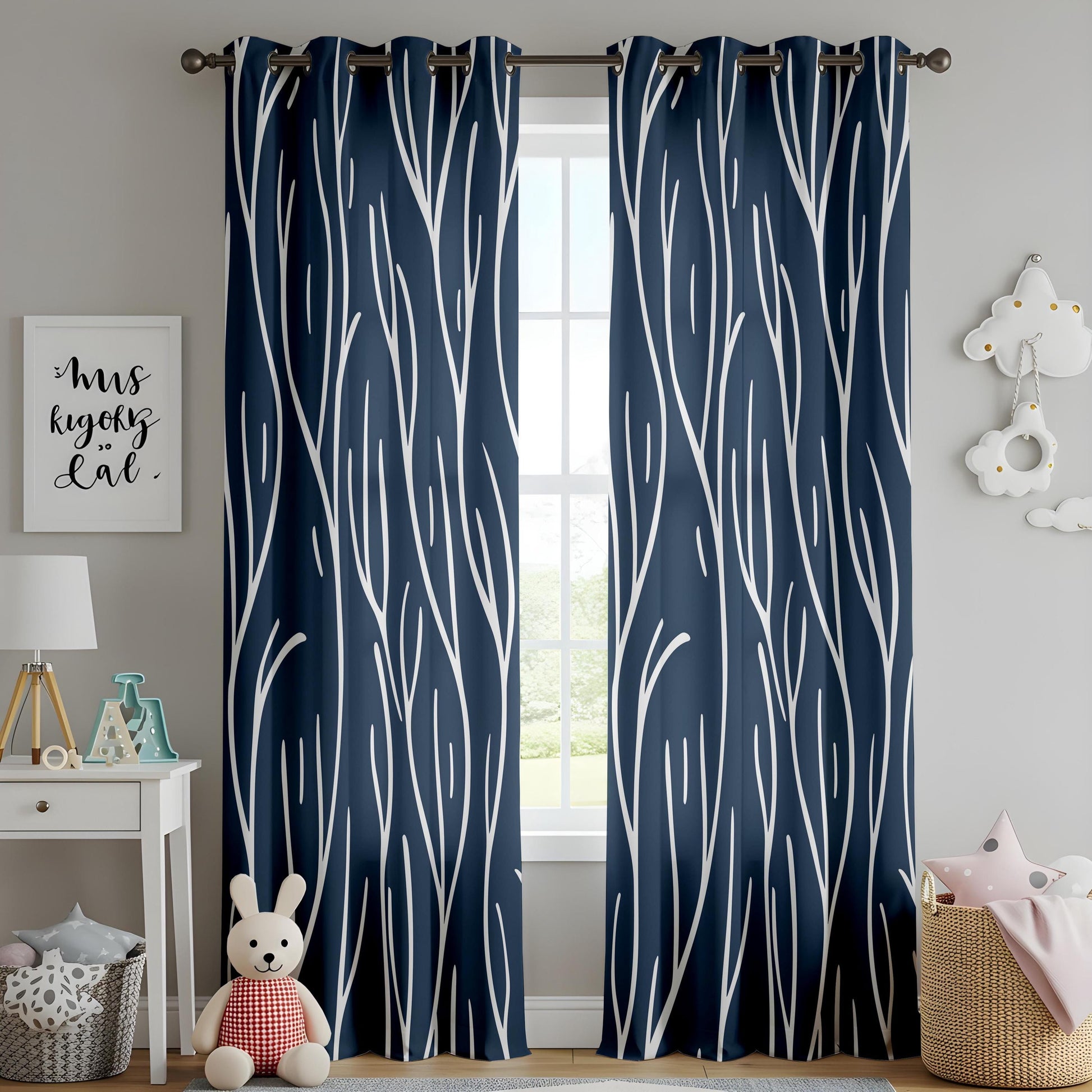 Onay Navy Blue Abstract Branch Curtains – Modern White Line Art Drapes