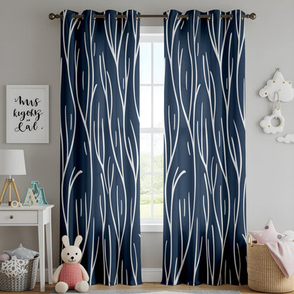 Onay Navy Blue Abstract Branch Curtains – Modern White Line Art Drapes