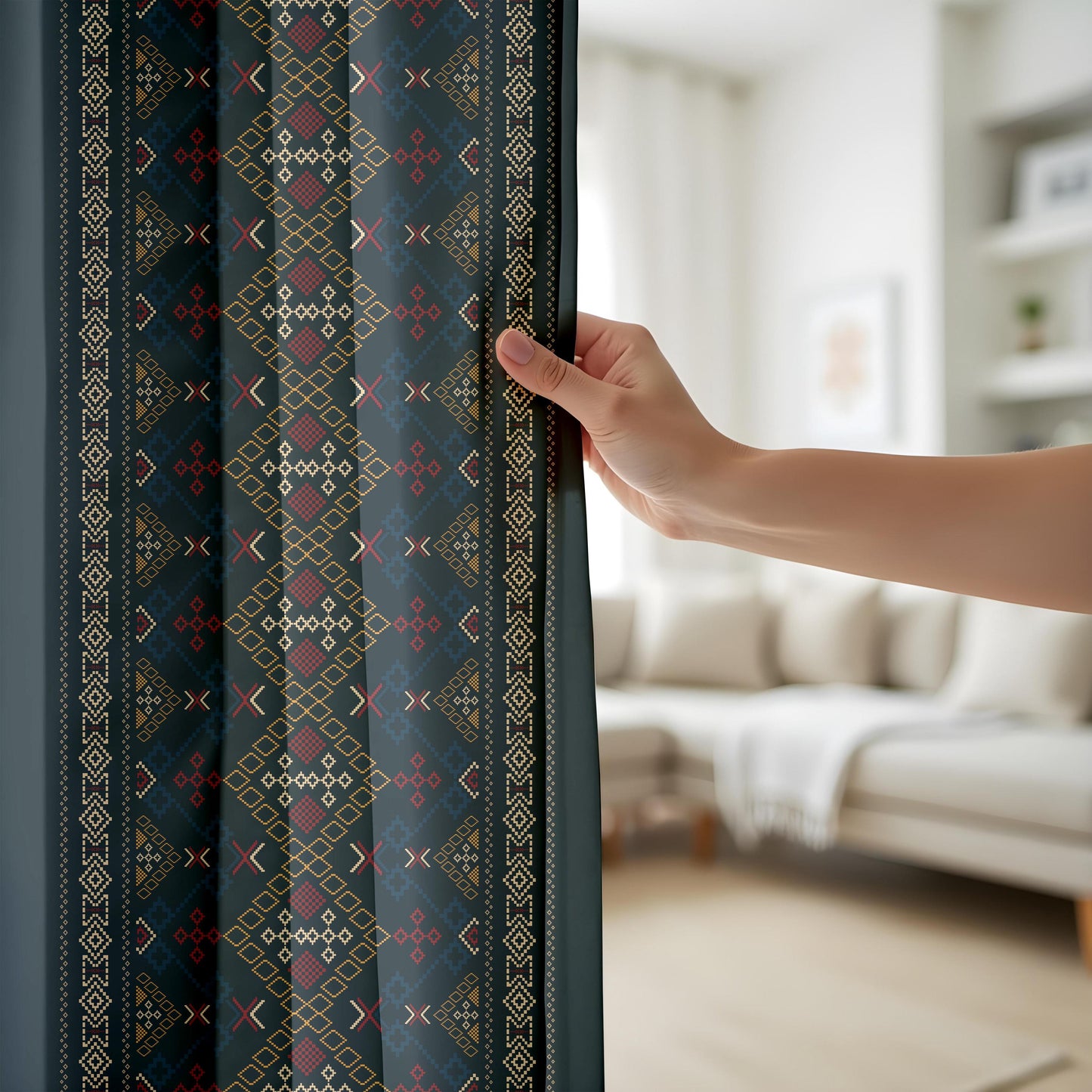 Onay Navy Blue Aztec Tribal Curtains – Southwestern Geometric Boho Drapes