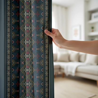 Onay Navy Blue Aztec Tribal Curtains – Southwestern Geometric Boho Drapes