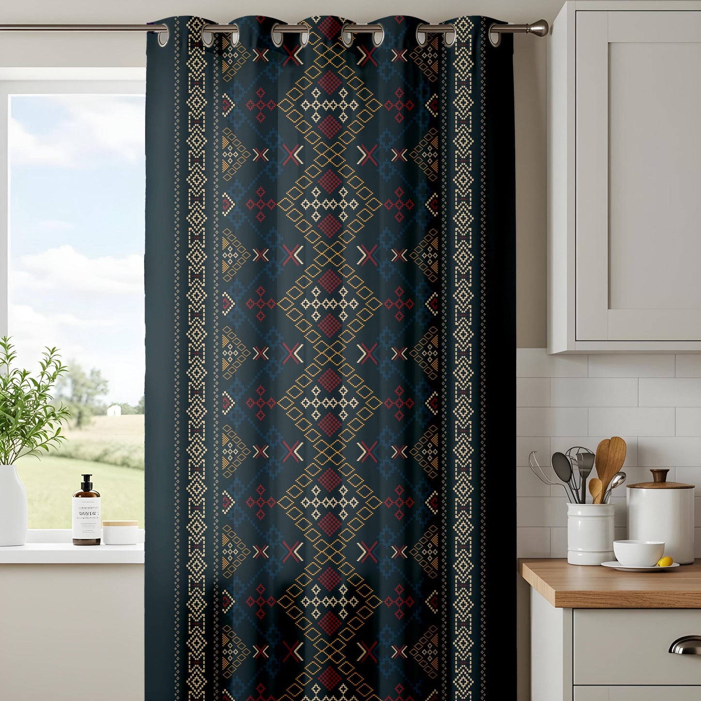 Onay Navy Blue Aztec Tribal Curtains – Southwestern Geometric Boho Drapes