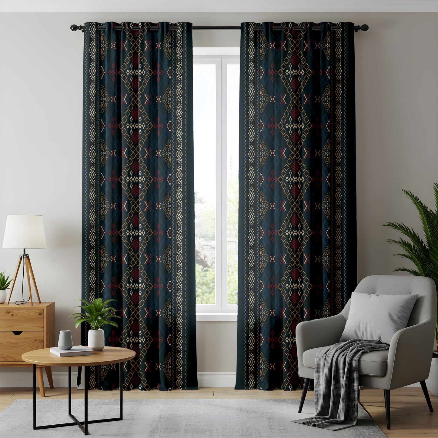 Onay Navy Blue Aztec Tribal Curtains – Southwestern Geometric Boho Drapes