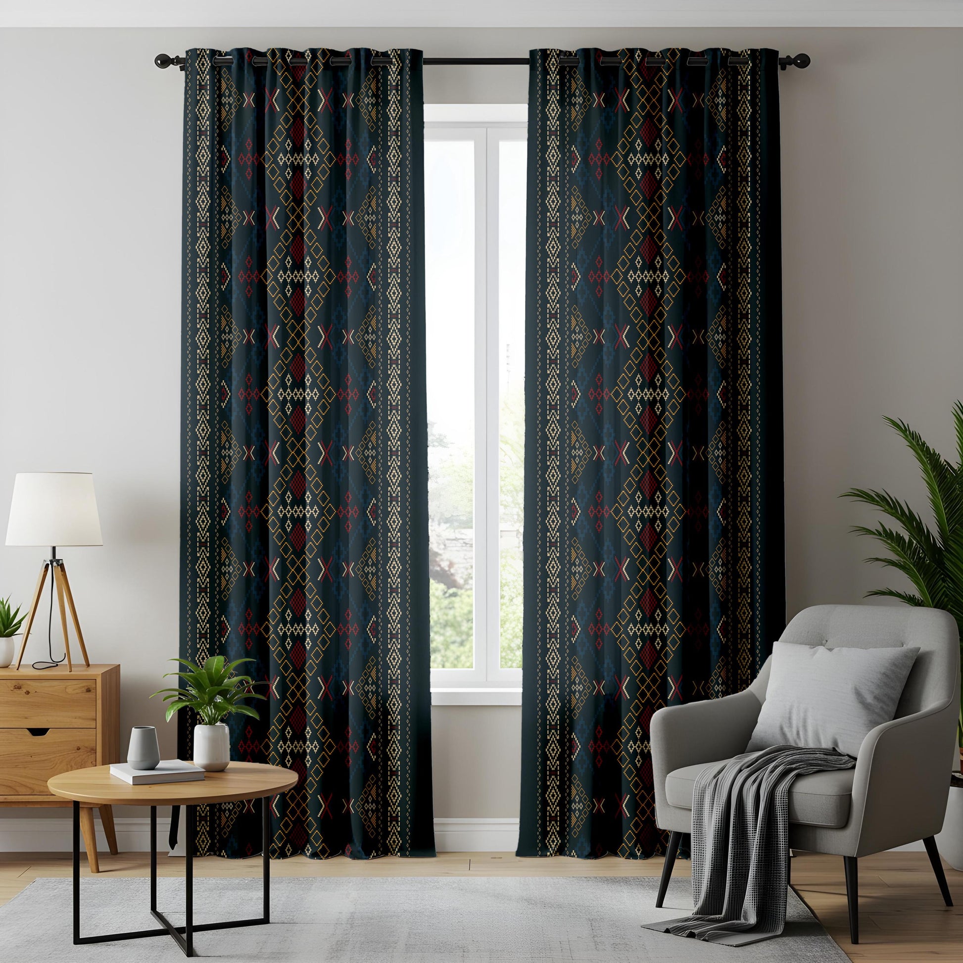 Onay Navy Blue Aztec Tribal Curtains – Southwestern Geometric Boho Drapes