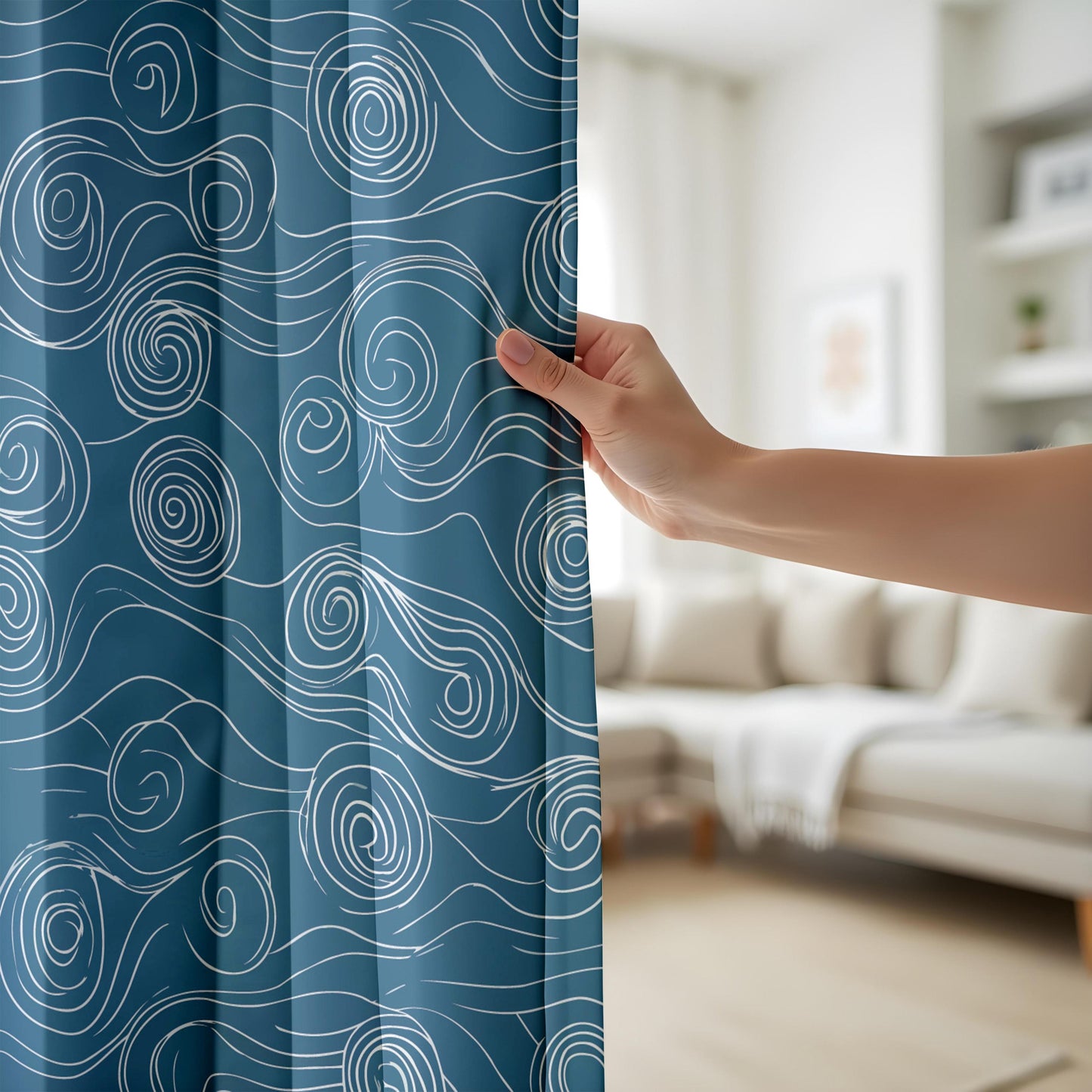 Onay Navy Blue Abstract Swirl Curtains – Japanese Wave Pattern Drapes