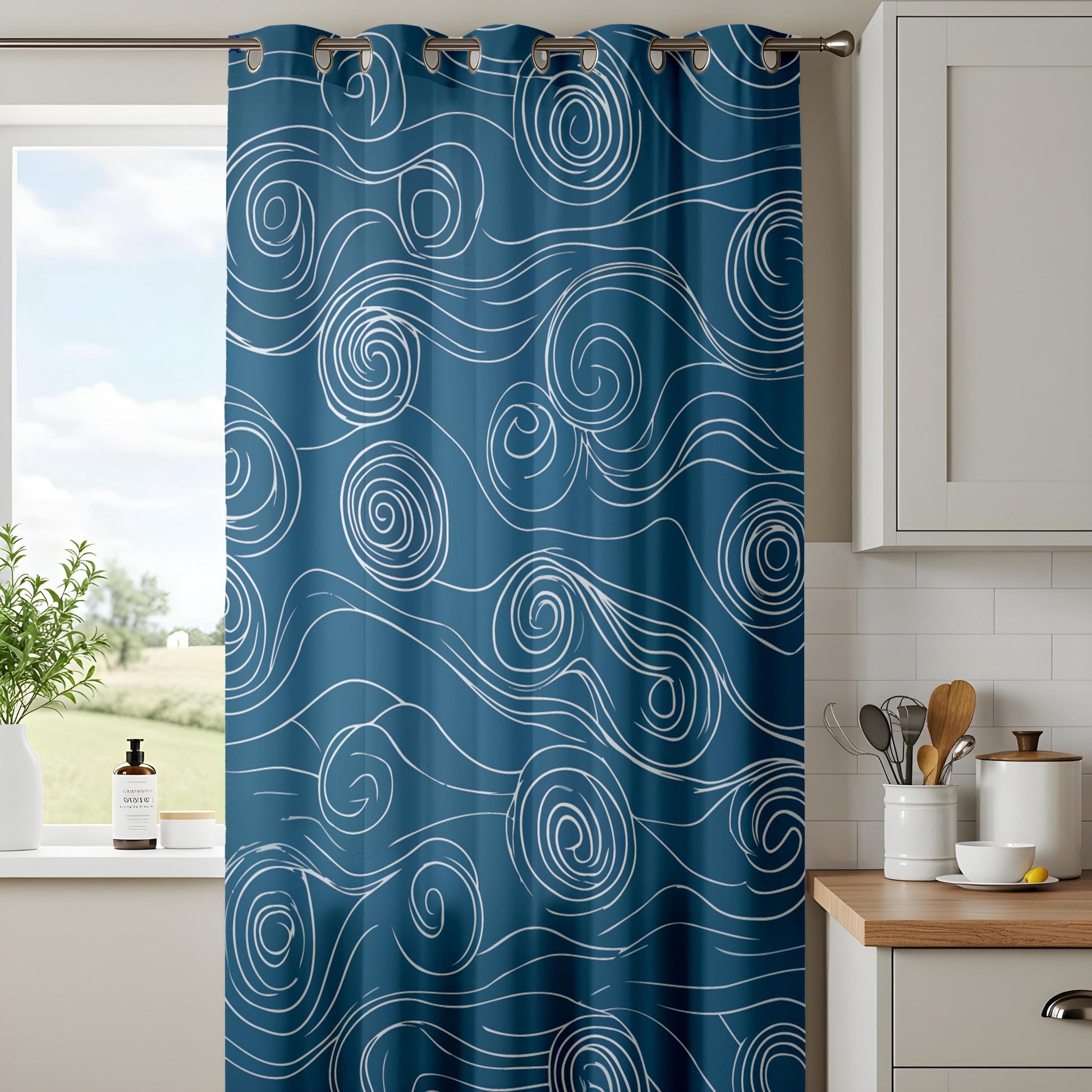 Onay Navy Blue Abstract Swirl Curtains – Japanese Wave Pattern Drapes