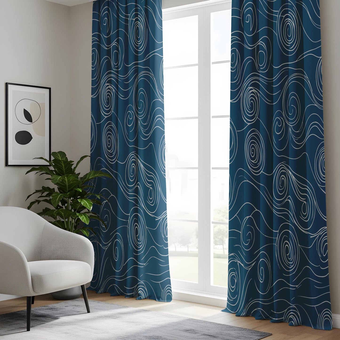 Onay Navy Blue Abstract Swirl Curtains – Japanese Wave Pattern Drapes