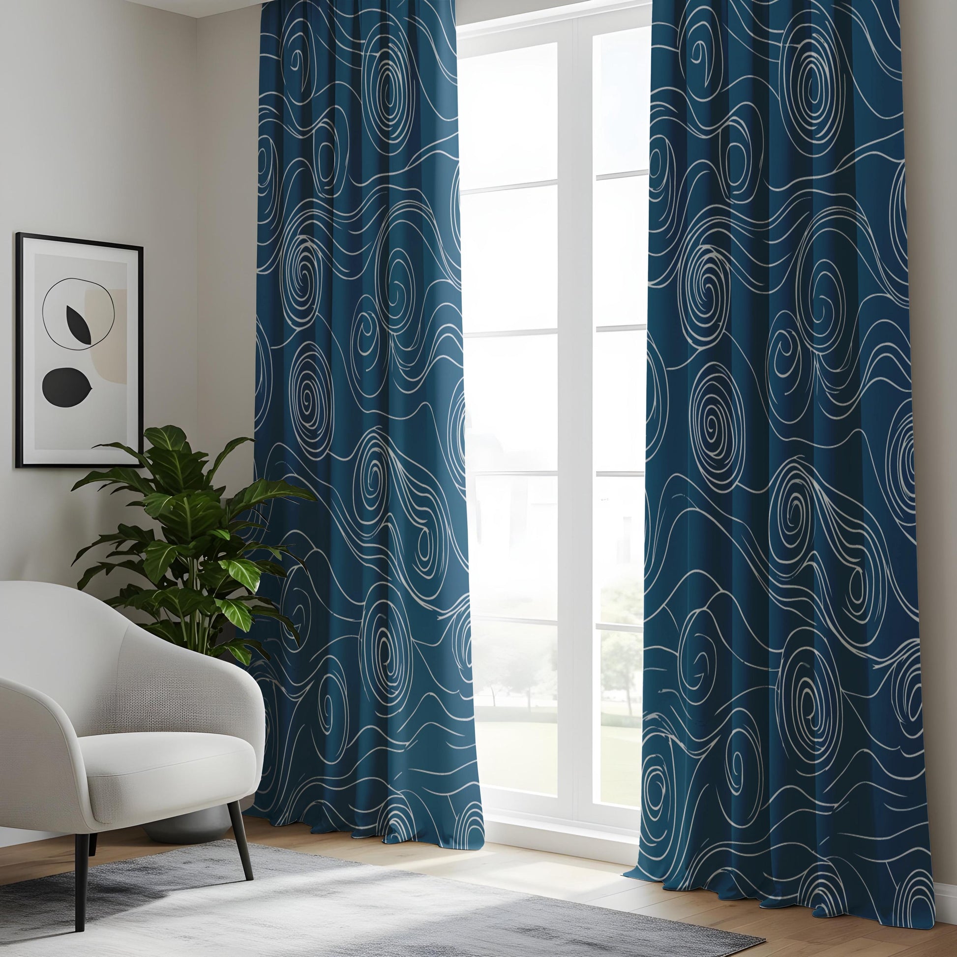 Onay Navy Blue Abstract Swirl Curtains – Japanese Wave Pattern Drapes